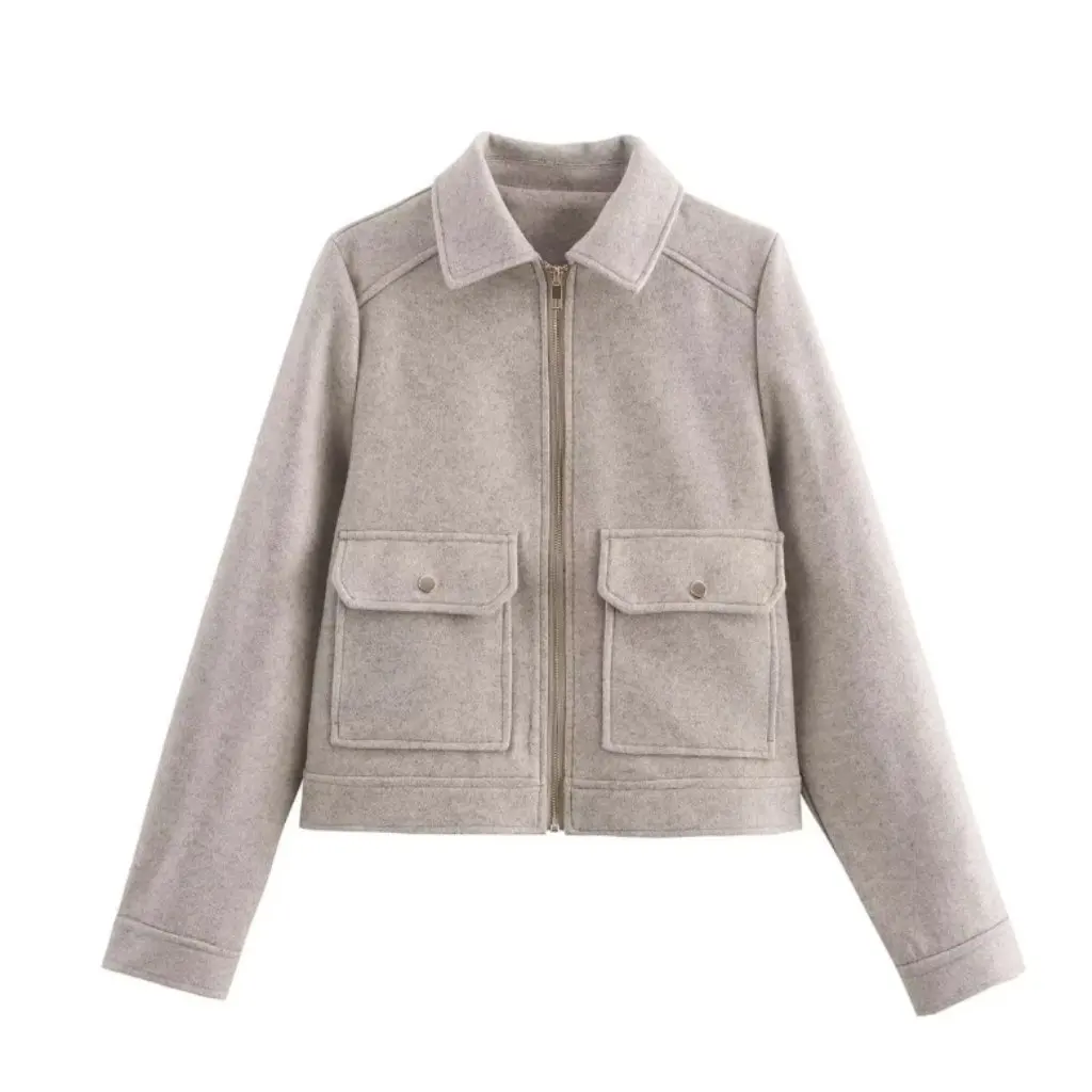 

Женский кардиган на молнии с длинными рукавами, однотонный повседневный шерстяной топ с лацканами и большим карманом, весна-осень, новая мода