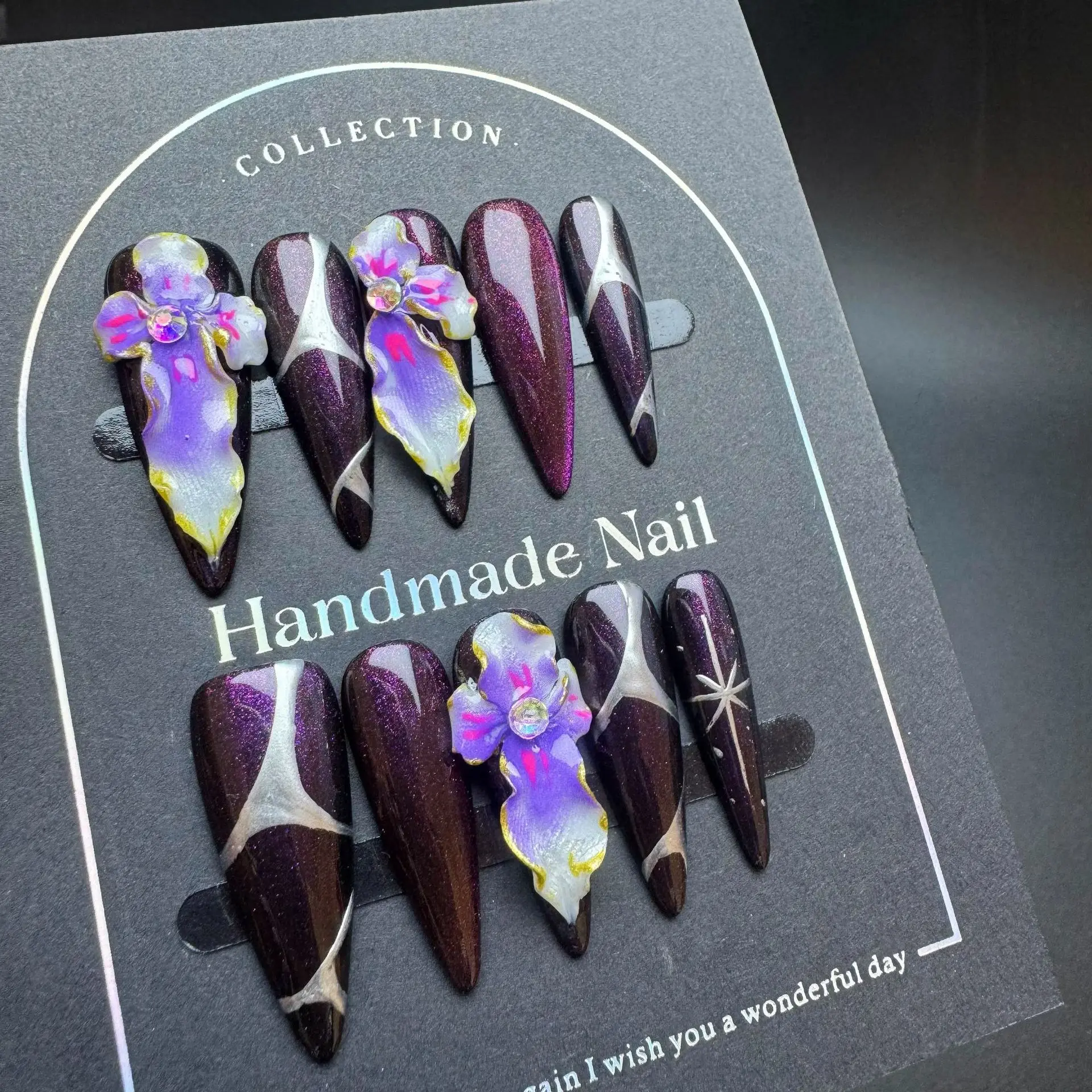 10pcs Handmade Press on Nails Punk Purple Long Almond Fake Nails Wearable European Spicy Girl 3D Carved Flowers False Nails