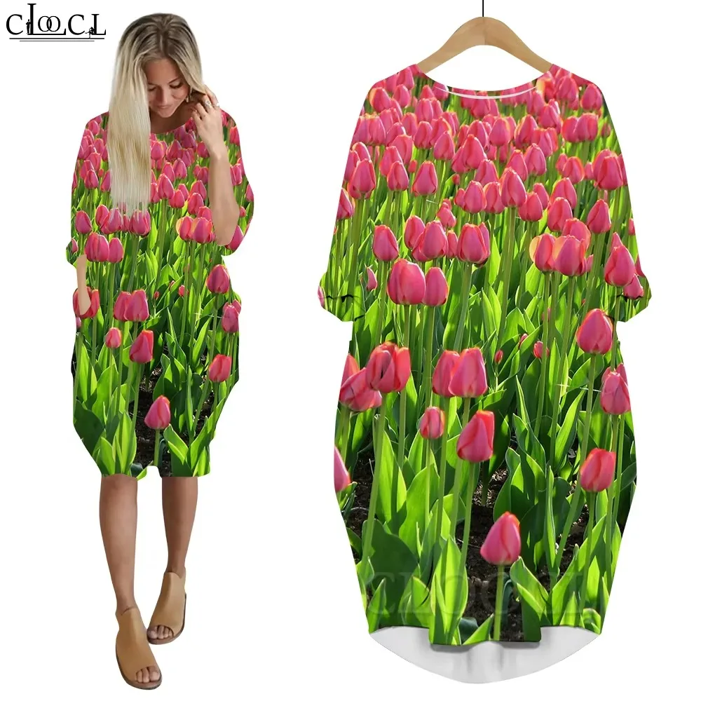 

CLOOCL Noble Tulips Dresses Fashion 3D Printing Dress Long Sleeve Robe Femme Spring Summer Vestidos Evening Party Dresses