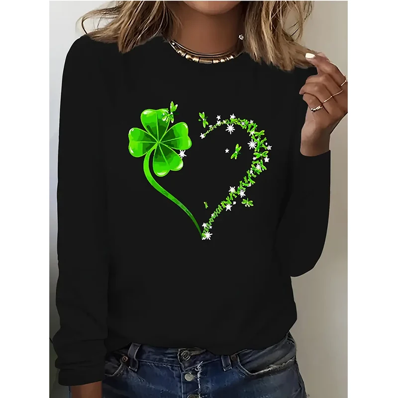 Women's Casual Long Sleeve Crew Neck Graphic Print T-Shirt Vibrant Blue Heart and Clover Design T Shirt All Seasons Y2k Sweater