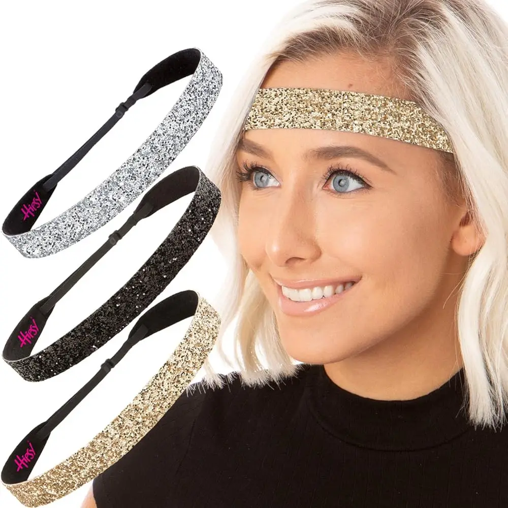 

Adjustable No Slip Wide Bling Glitter Headband 3-packs for Women Girls & Teens (Gold/Black/Silver)