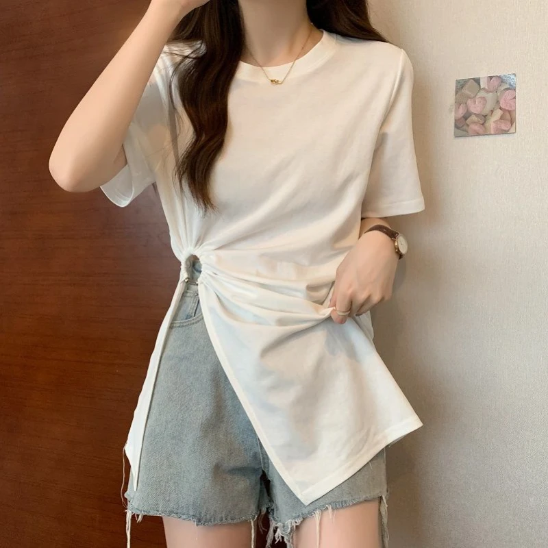 T-shirts Women Side-slit Design Sexy Folds Pure Simple All-match Loose Daily Korean Style Female Casual Summer Long Clothes New