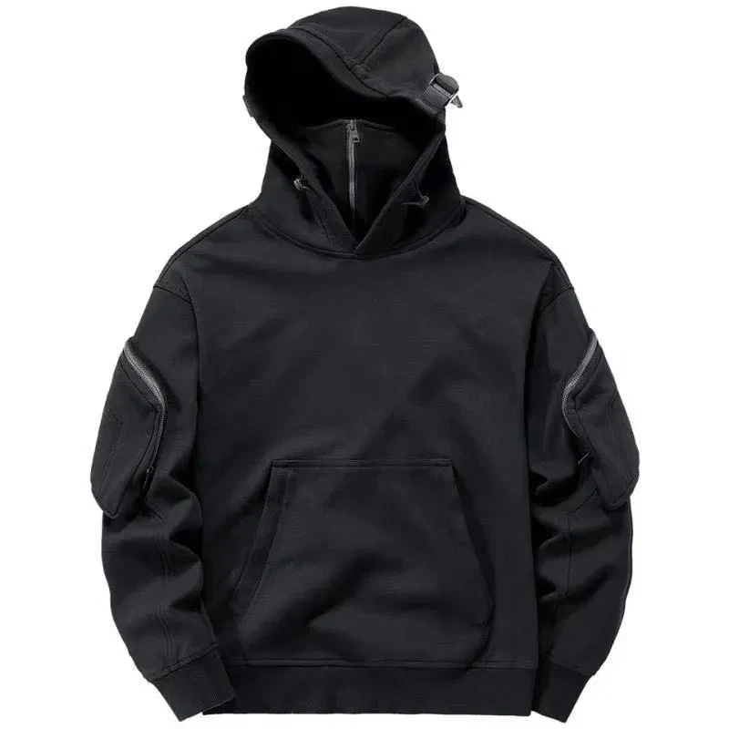 

Black Hoodies Men's Hip Hop Sweatshirts Functional Windproof Mask Pullovers Jackets Cargo Techwear Tops