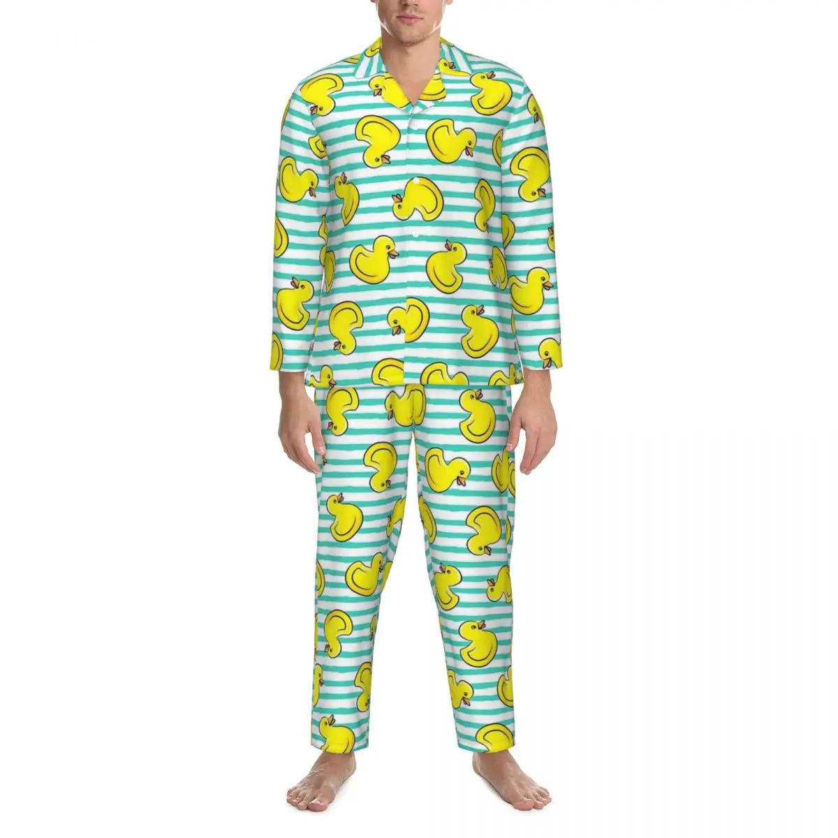 Rubber Ducks Pajama Set Cute duck bath toy Warm Sleepwear Man Long Sleeve Casual Leisure 2 Pieces Home Suit Plus Size 2XL