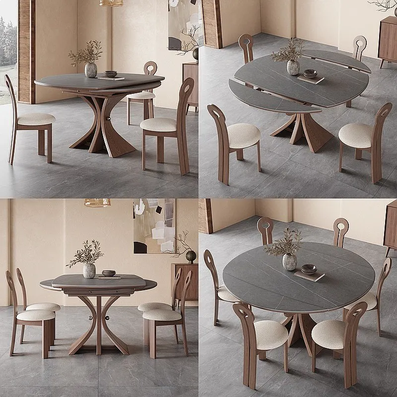 New American Solid Wood Extendable Round Dining Table for Small Spaces, Vintage Farmhouse Style