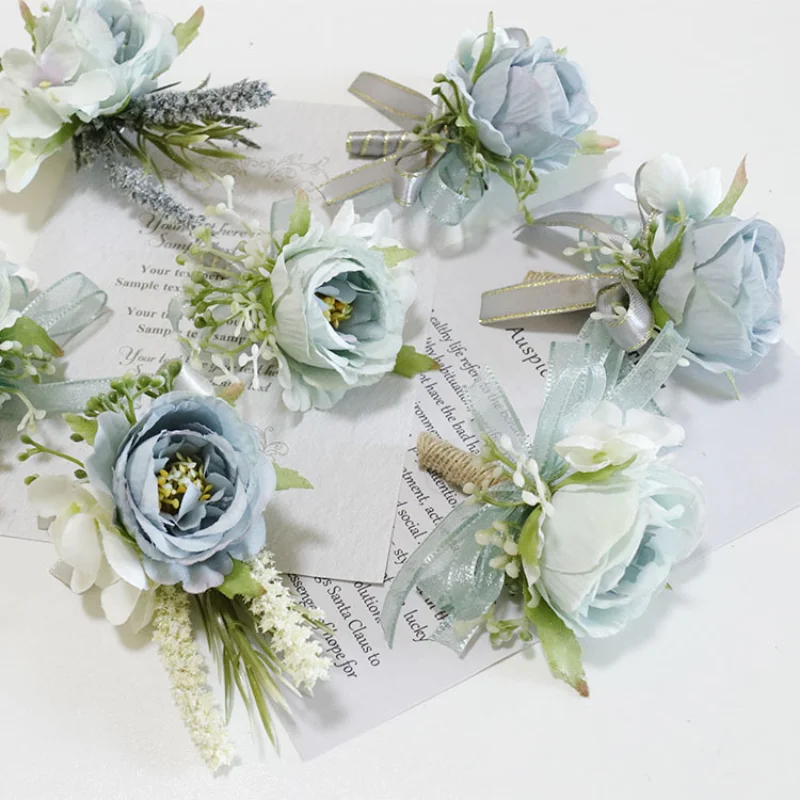 Corsage Bruiloft Boutonnieres Blauwe Rozen Zijden Armband Bloemen Bruidegom Man Pak Knoopsgat Broche Pins Huwelijk Accessoires