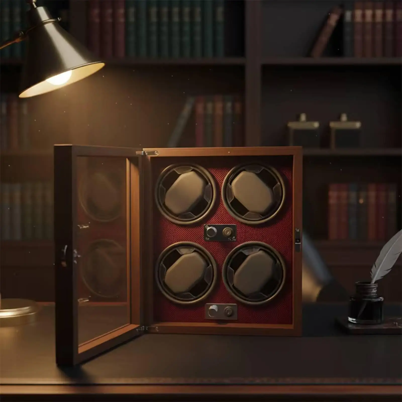 Wooden Watch Winder Box for Automatic Watches with Glass Door Adjustable Rotation and Soft Light for Bedroom
