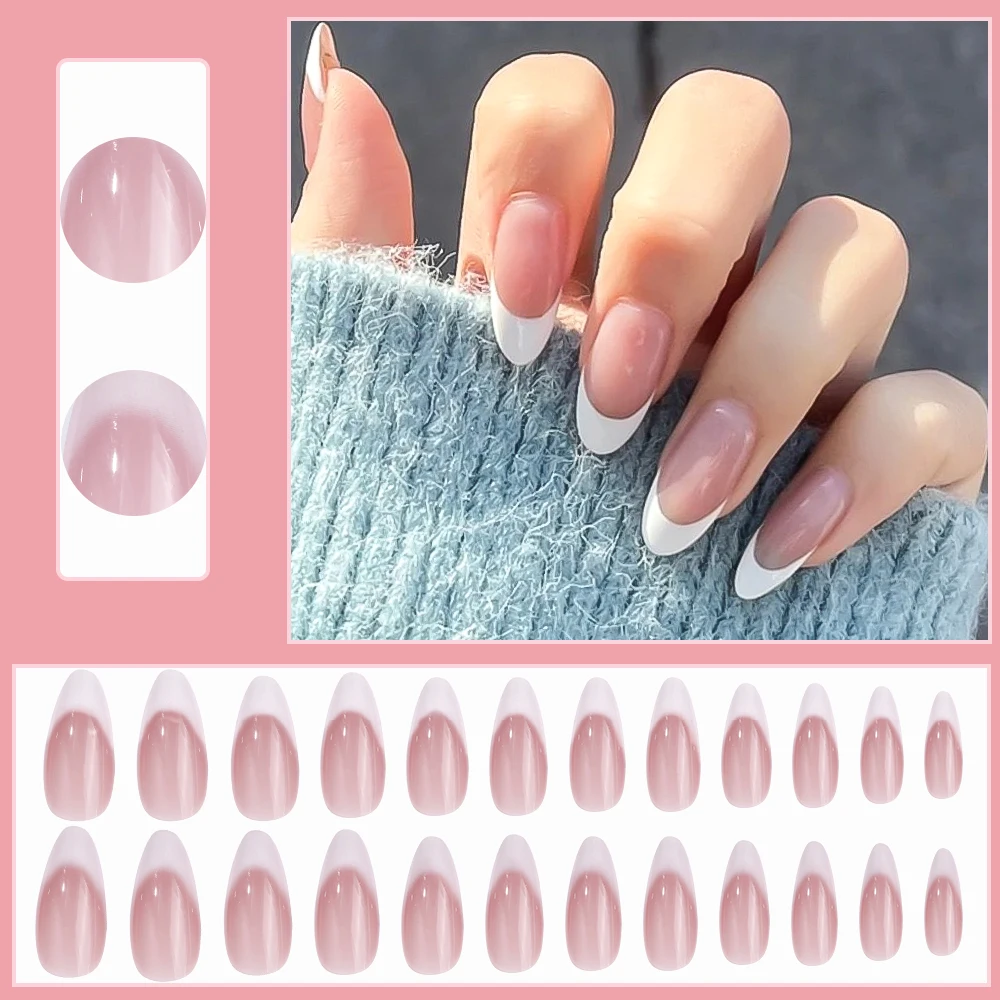 24Pcs/Box Naked Short Almond Handmade Press On Nail White French False Nail Full Cover Artificial Wearable Fake Nail Tips