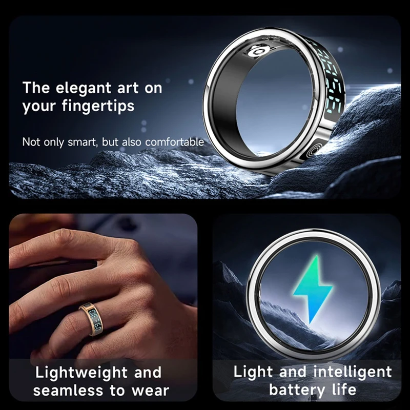 WISH SR08 Smart Ring For Men Women LED Display Screen Heart Rate Blood Oxygen Monitoring Multi Sports Modes 5ATM Waterproof