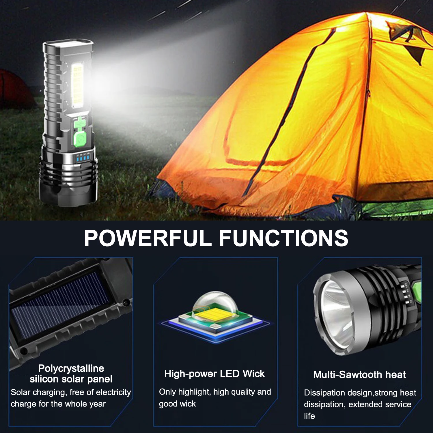 Solar/USB Rechargeable Flashlight Super Bright 4 Modes Portable Emergency Torch Built-in Battery Powered LED Flashlights