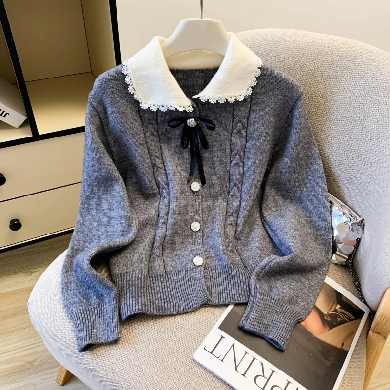 

Women Grey Peter Pan Collar Knitwear Cardigan Vintage 2000s Preppy Style Long Sleeve Soft Cozy Sweater Clothes Autumn F264