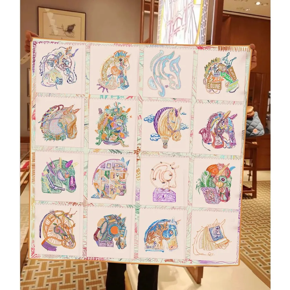 90Cm Twill New Horse Prism Women\'s Decorative Shawl Large Square Scarf Headscarf Scarf Frame Painting Silk Scarf Wholesale