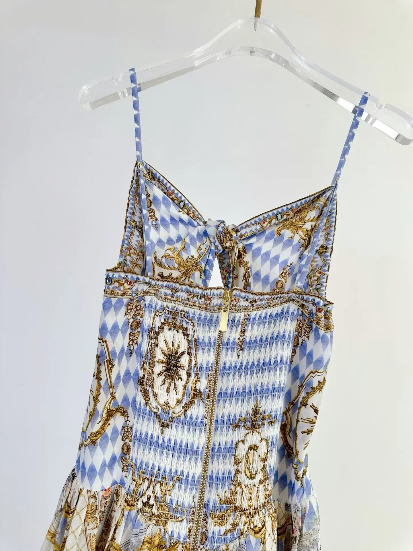 夏の女性用100％シルクマキシワンピース、ブルーのレトロプリ - Vintage Fashion Retro Outfit のレビューと価格
