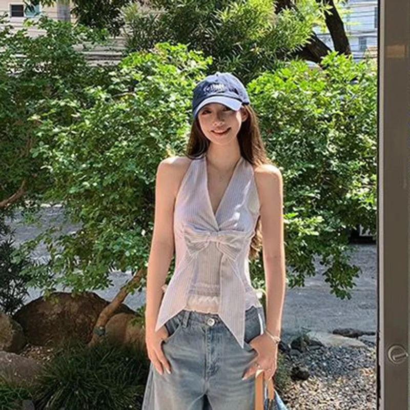 Chaleco coreano de retazos de encaje a rayas para mujer, Top con espalda descubierta y lazo de verano, estilo pijo Harajuku Chic, camisetas sin mangas sexis con diseño que combinan con todo