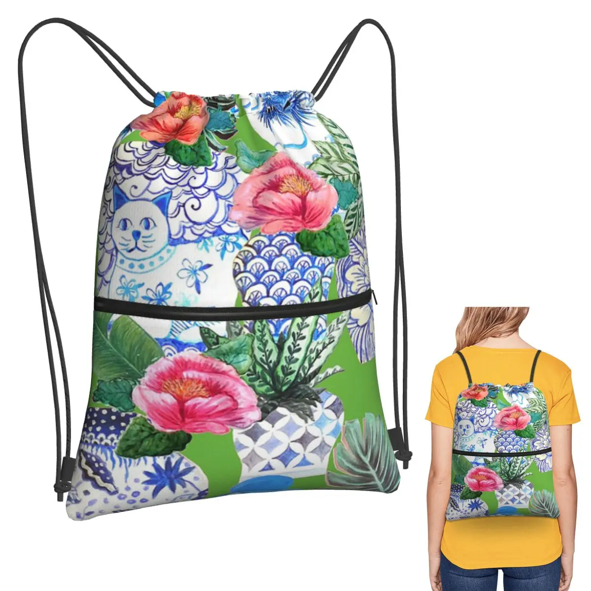 Blue And White Chinese On Green Emerald Green Chinoiserie Backpacks Multi-function Drawstring Bundle Pocket Sports Bag Book Bags