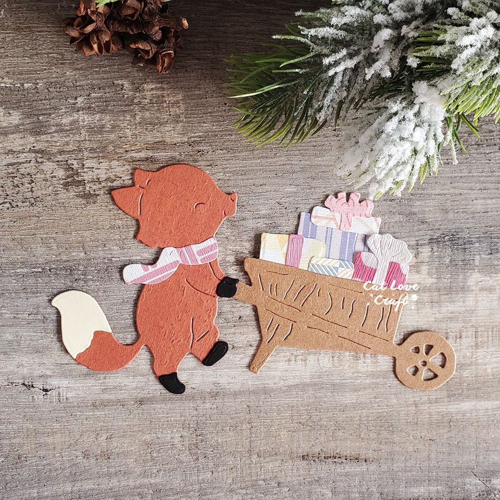 Christmas Fox Trailer Gift Metal Cutting Dies Scrapbooking Stencil Die Cuts Card Making DIY Craft Embossing New Dies For 2022