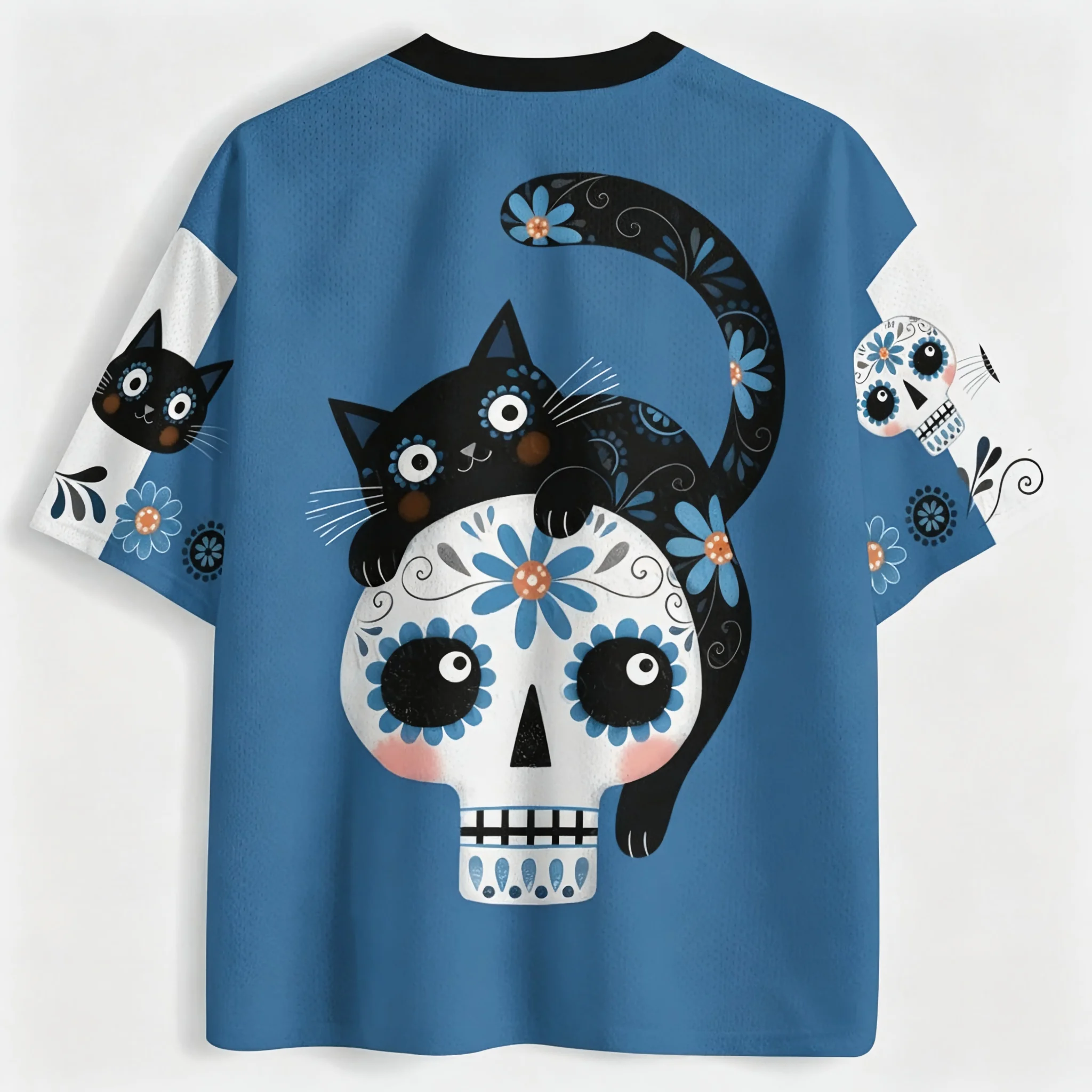Neu eingetroffen: T-Shirt mit V-Ausschnitt, Unisex, Streetwear, Motiv „Tag der Toten“, Zucker-Totenkopf, schwarze Katze, für Festival und Freizeit – Detail 5