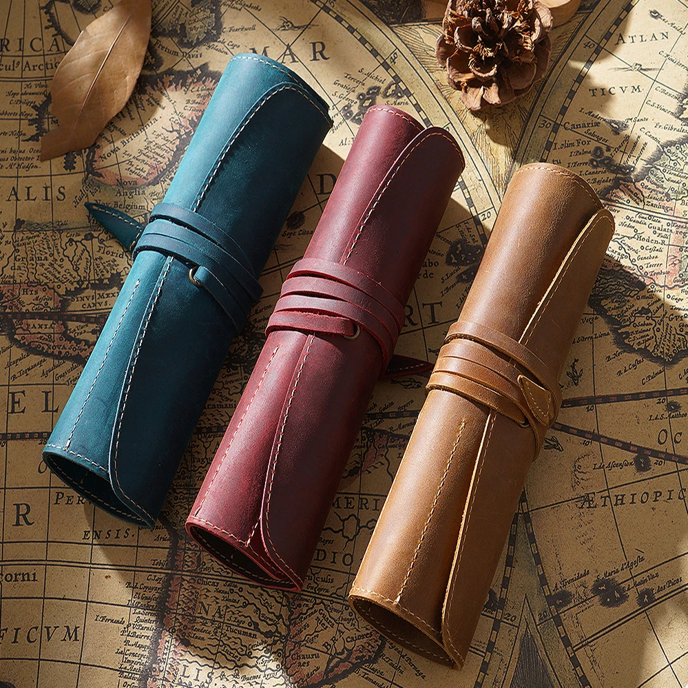 Retro Leather Pen Curtain Simple Pencil Case Roll Up Pen Curtain Makeup Brush Pouch Stationery Storage Bag School Office