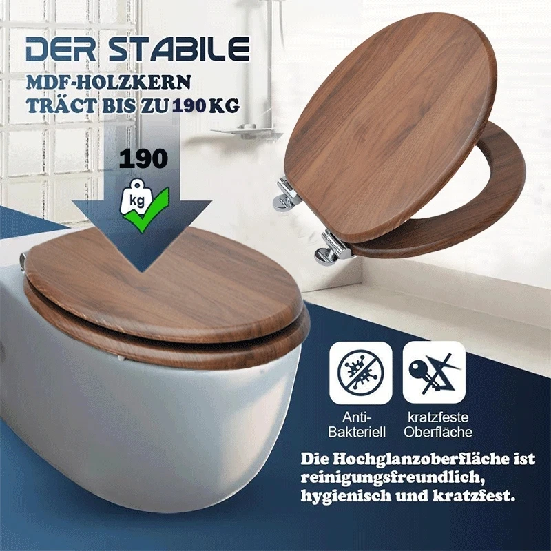 SAINOS WC-Sitz mit Soft-Close-Funktion, WC-Sitz aus Holz, universeller Toilettensitz, langlebiger, stabiler MDF-Toilettensitz, belastbar bis 190 kg, einfache Installation, Zinklegierungsscharnier, antibakteriell und leicht zu reinigen – Detail 3