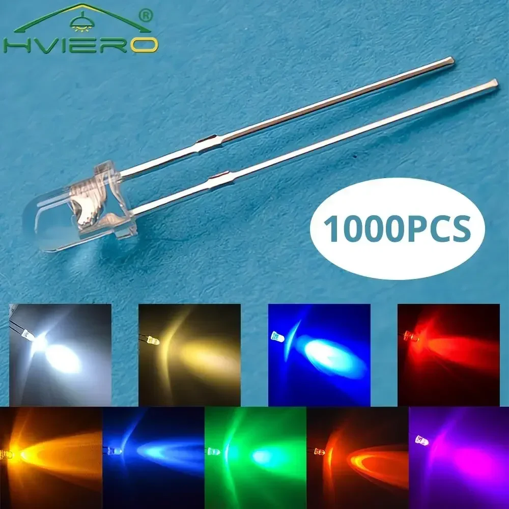 1000 sztuk dioda element elektroniczny F3 3mm okrągły biały czerwony żółty niebieski zielony jasny zestaw emitujący światło żarówki lampa Led