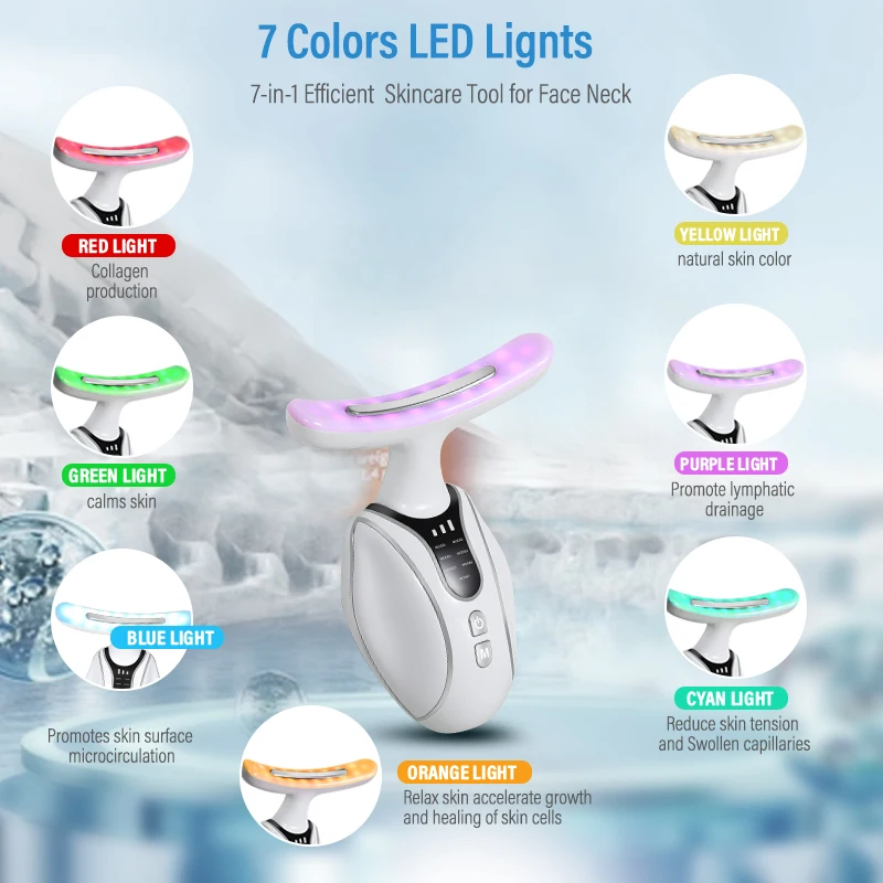 مدلك الوجه مع وظيفة التسخين - هدية عيد الميلاد لجهاز تجميل الوجه للرقبة الصغيرة EMS للعناية بالبشرة بـ 7 ألوان
