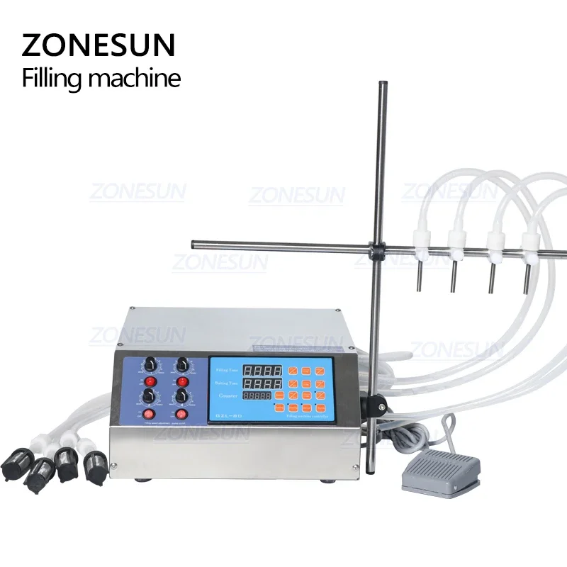 ZONESUN 4 Nozzles Liquid Perfume Water Juice Essential Oil Electric Digital Control Pump Liquid Filling Machine Supply