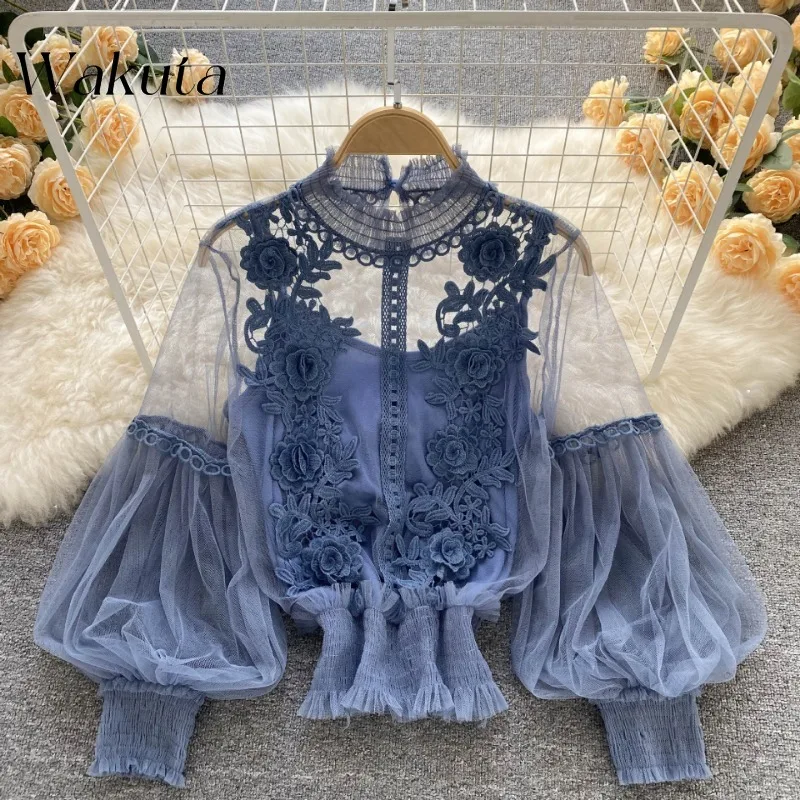 

WAKUTA French Round Neck Niche Three-dimensional Flowers See-through Top Mesh Lantern Sleeves Slim Lace Commuter Bottoming Shirt