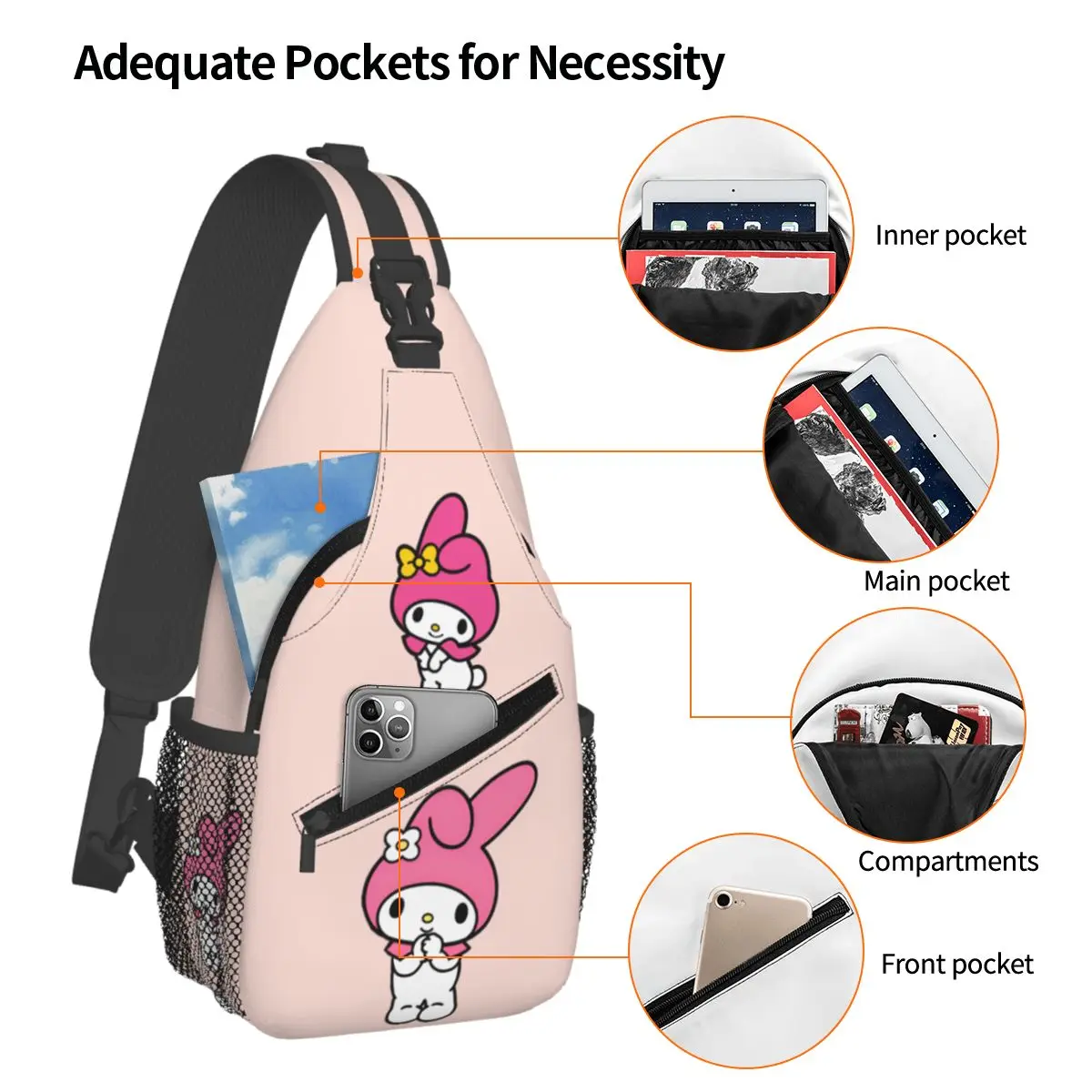 Sanrio Crossbody Sling Bag para Homens e Mulheres, My Melody, Bolsa Peito, Mochila de Ombro, Mochila para Viagem, Caminhadas, Biking, Presentes Kawaii