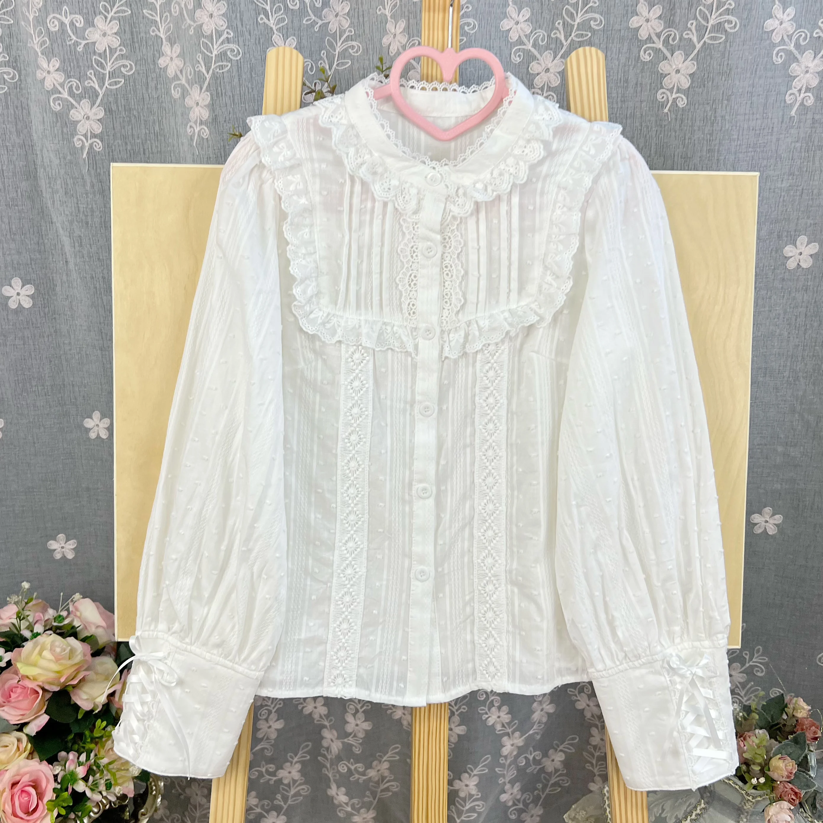 Lolita Lace-up Long-sleeved Ruffles Stand-up Collar Shirt Girl Spring Autumn Lace Cute Age-reducing Versatile Bottoming Shirts