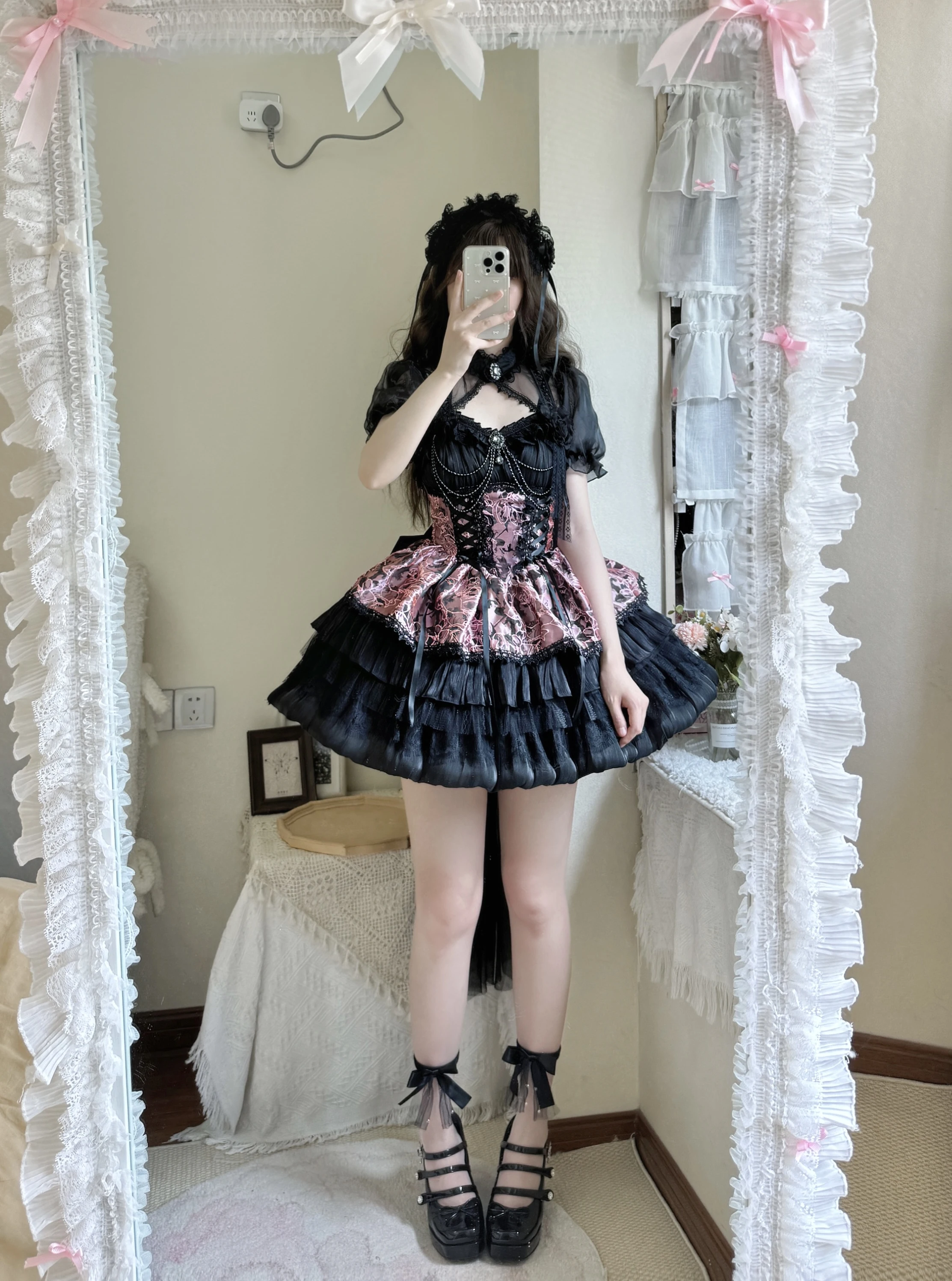 Japanese Style Sweet Lolita JSk Princess Dress Lace Stitching Chain Lace Bow Sleeveless High Waist Slim Mini Sling Dress Women