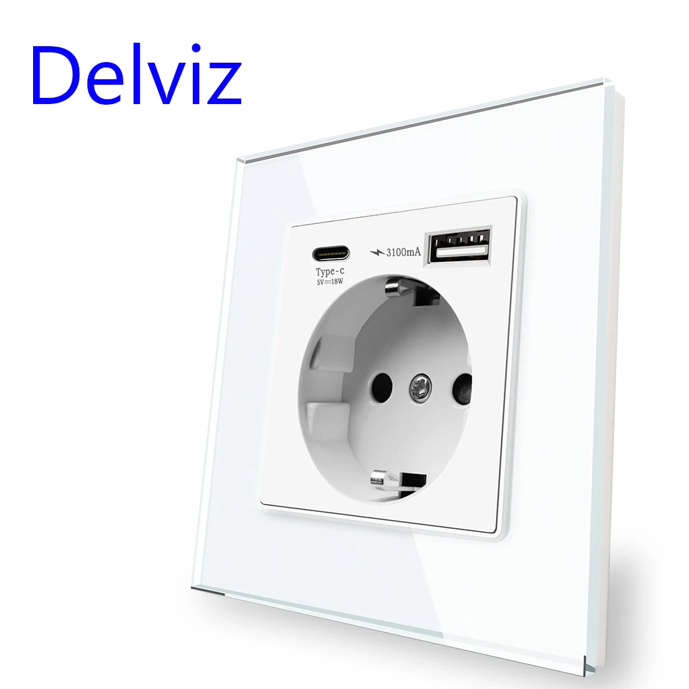 Delviz Type C Quick charge Socket,White Tempered Crystal Glass Panel,QC 3100mA With usb Ports, EU Standard Wall USB Power Outlet