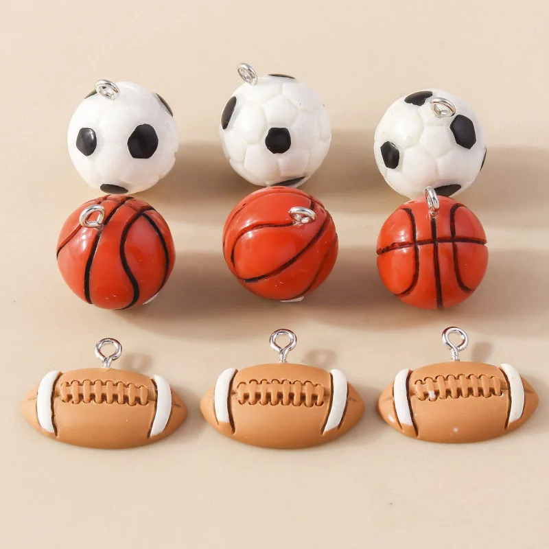 Leslie 10pcs Resin 3D Sports Basketball Football Soccer Rugby Charms for Necklace Keychain Mini Ball Pendant Diy Jewelry Making