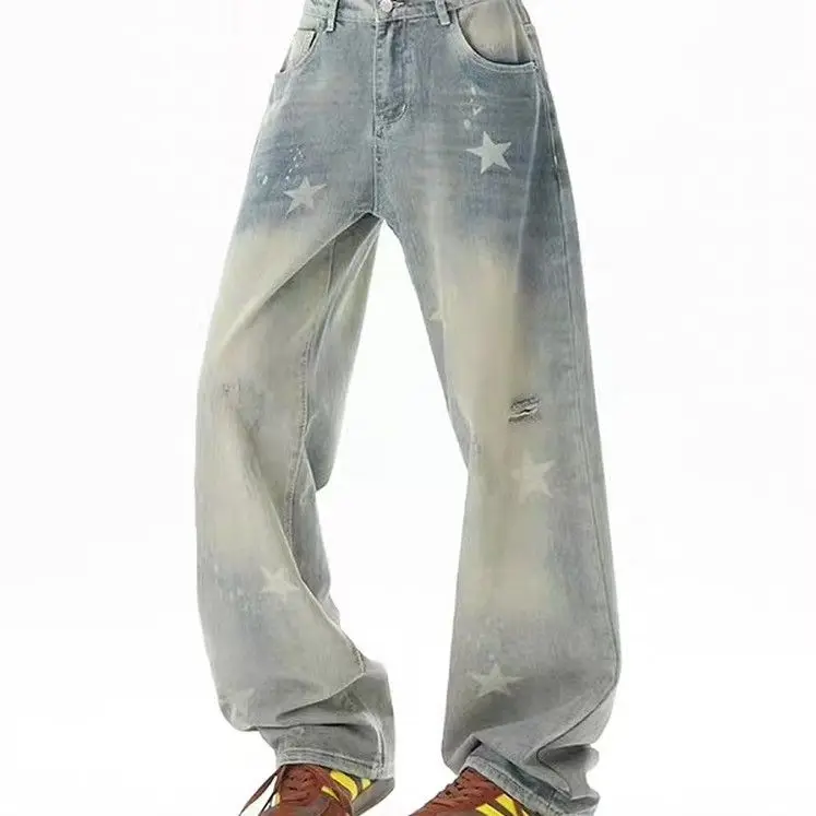 Men's Retro Star Print Pattern Jeans Casual Sweatpants Cool Boy Pants High Waist Bottoms Male Wide Leg Straight Trousers