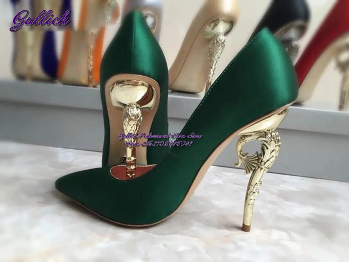 Gullick Golden Silver Hippocampus Metal Heel Pumps Orange Royal Blue Satin Cloth Pointed Toe Dress Shoes Sea Horse Stilettos