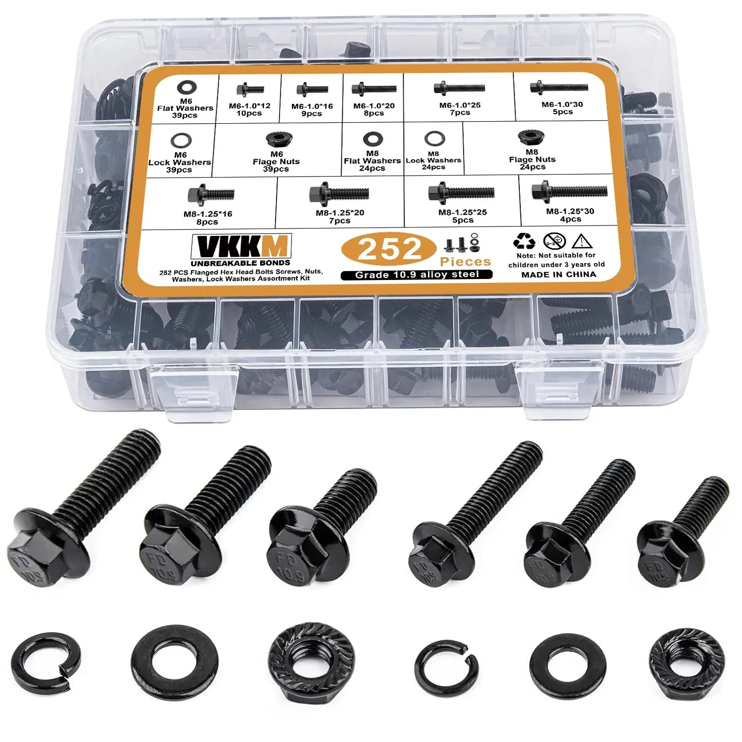 Kit rondella dado bullone esagonale flangia da 252 pezzi, acciaio legato di grado 10.9 zincato nero M6, Kit di smistamento bullone flangia metrica M8