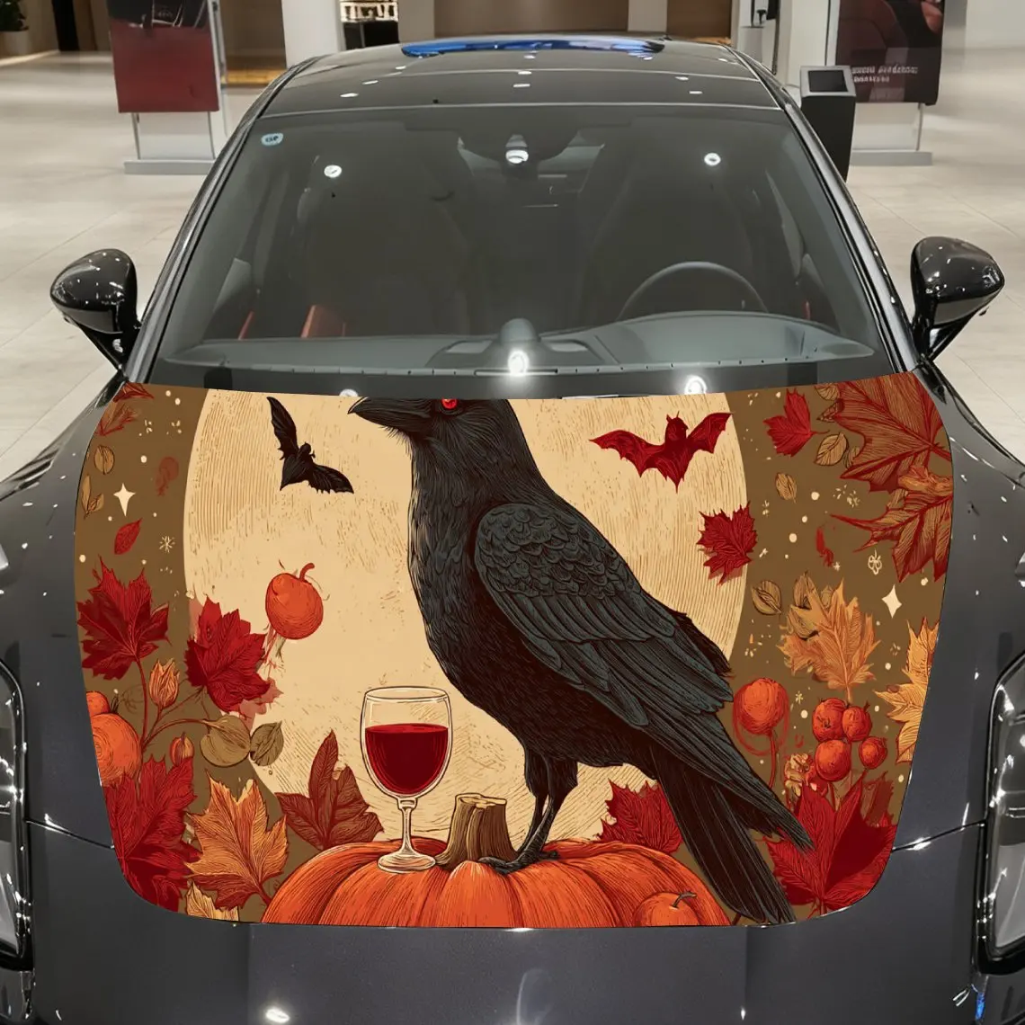 Raven Pumpkin Red Wine Car Hood Vinyl Stickers Car Surface Protection Decal Car Decoration Cover Vinyl Wraps Waterproof Self-adh