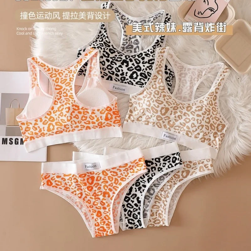 Seamless Bra Set Women Leopard Wireless Y-Shape Bralette Low Waist Panties Sexy Lingerie Sport Brassiere Female Underwear Set