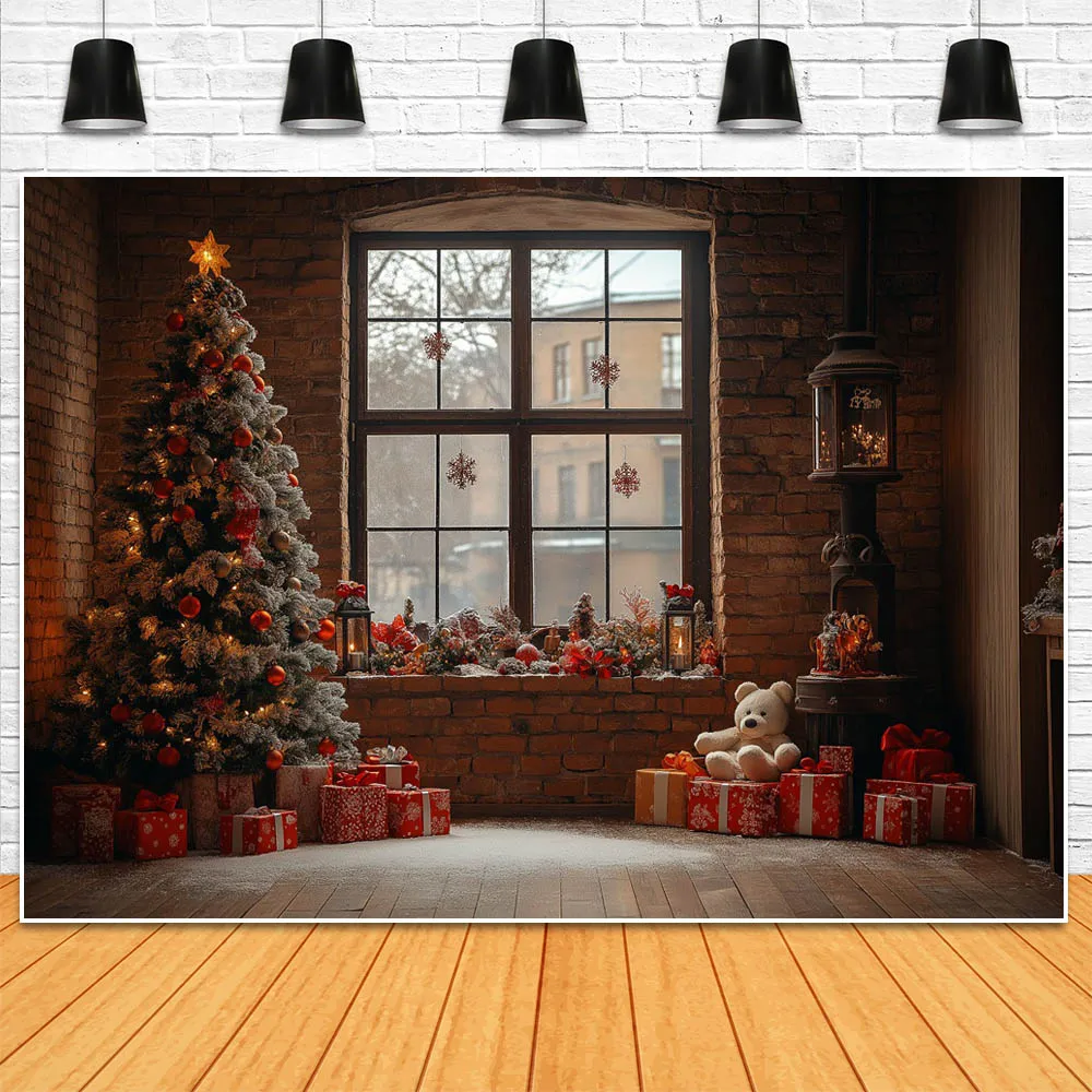 Mocsicka Christmas Backdrops for Photography Snow Forest Outside The Window Winter Xmas Tree Bear Doll Children Photo Background