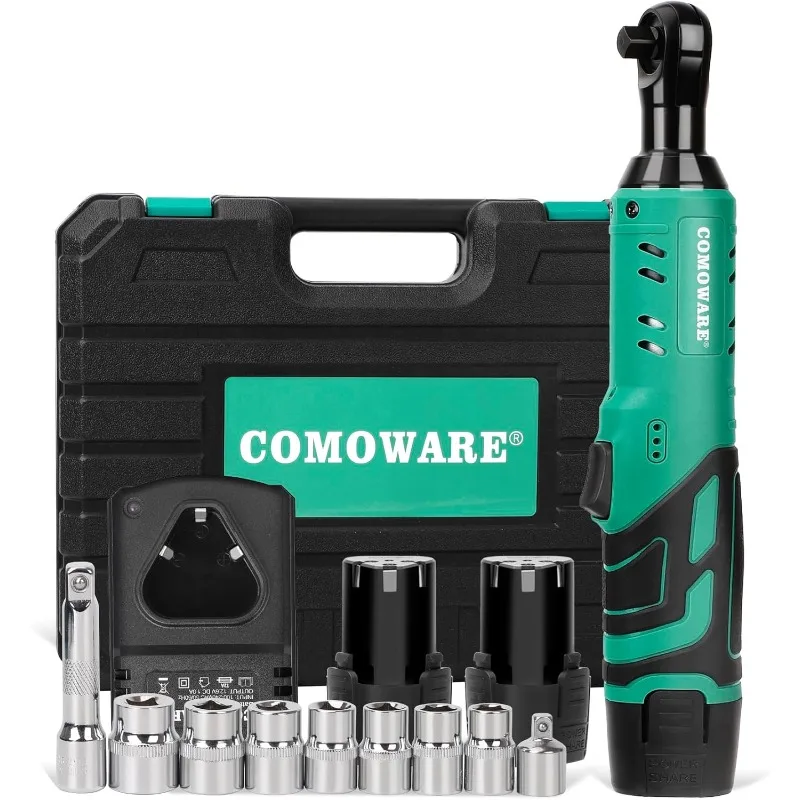 

COMOWARE 3/8 Cordless Electric Ratchet Wrench Kit, 40ft-lbs Torque, 12V Power,8 Sockets, LED Light,Fast Charger,Ergonomic Design