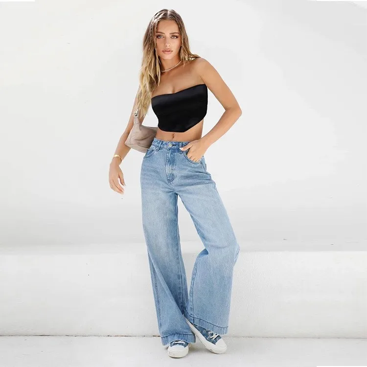 

Spring Women's Clothing High Waist Loose Fit Wide Leg Jeans For Woman Cotton Denim Full Length Streetwear Casual Trousers