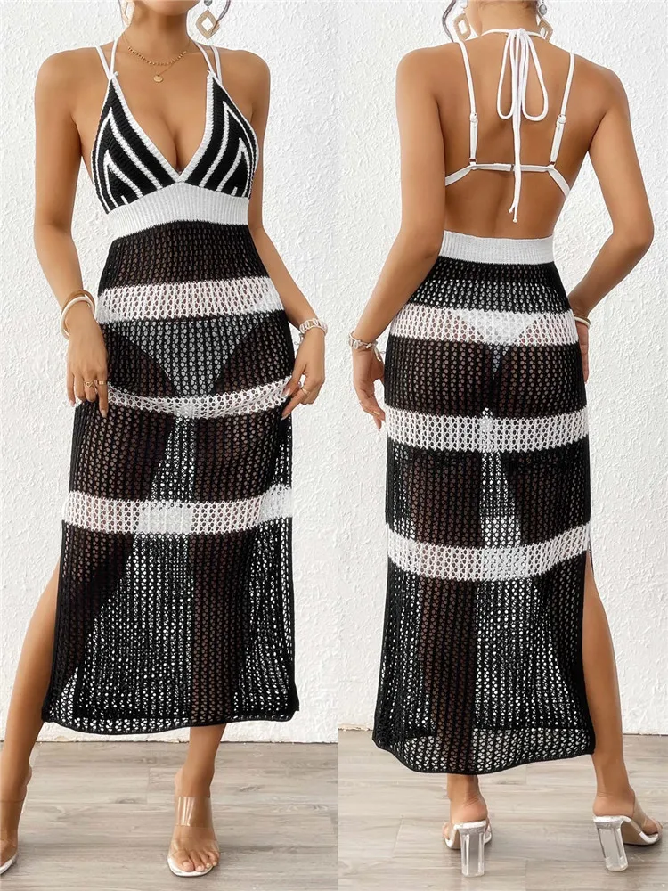 

Deep V Neck Cover Ups for Swimwear Women Summer Crochet Dress Lady Halter Cover-up with Split Black White Striped Dresses 2025