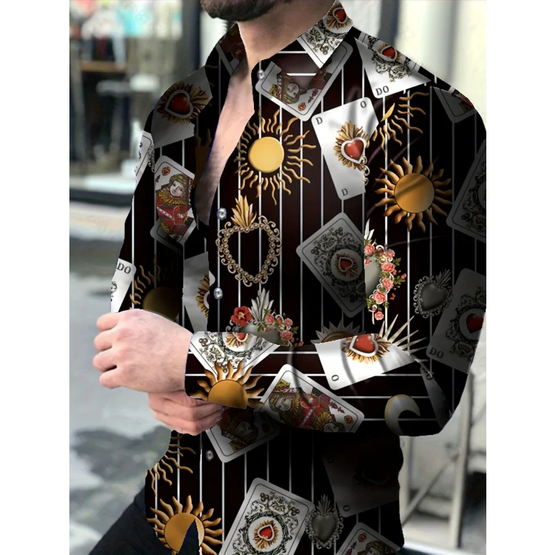 Poker Blocks Pattern Hawaiian Shirts For Men Red Peaches 3D Print Blouse Casual Loose Aloha Shirts Long Sleeve Lapel Button Tops