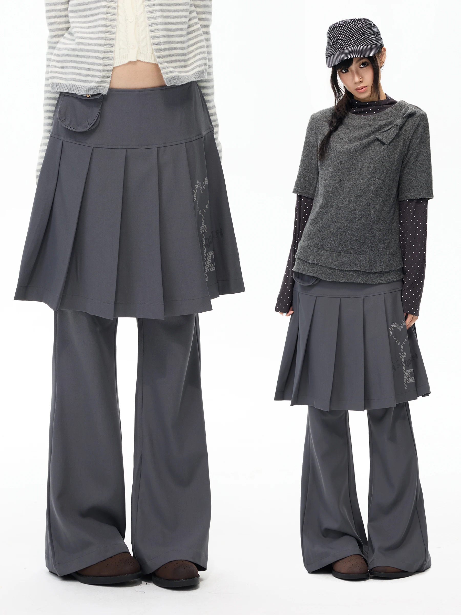 Slimming Casual Pants Junecut Light Salsa Style Fake Two-Piece Pleated Micro Flared Skirt Pants Grey Floor-Length Casual Pants
