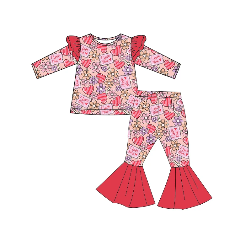 Valentine's Day boutique children's suit long-sleeved lace love print trousers bell-bottoms girl suit baby clothing