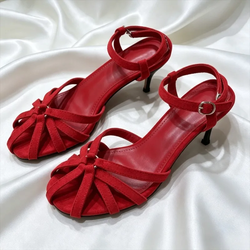 Red Faux Suede Kitten Heel Sandals Women Fashion Round-toe Ankle Strap Buckle Brand Designer Shoes Summer Elegant Women Shoes
