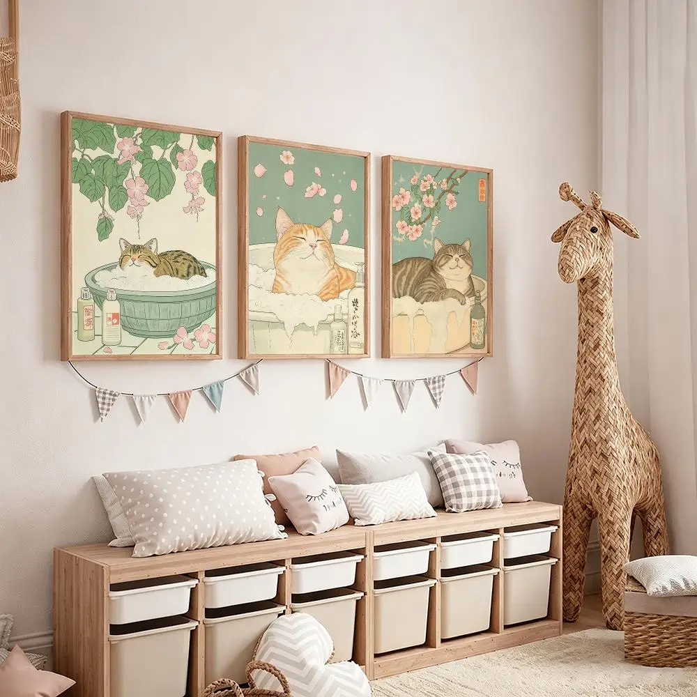 cute Japanese Cat in Bathtub Poster Poster Pastel Cozy Aesthetic HD Poster Wall Art Print For Bedroom Dorm Room Decor Teen Girls