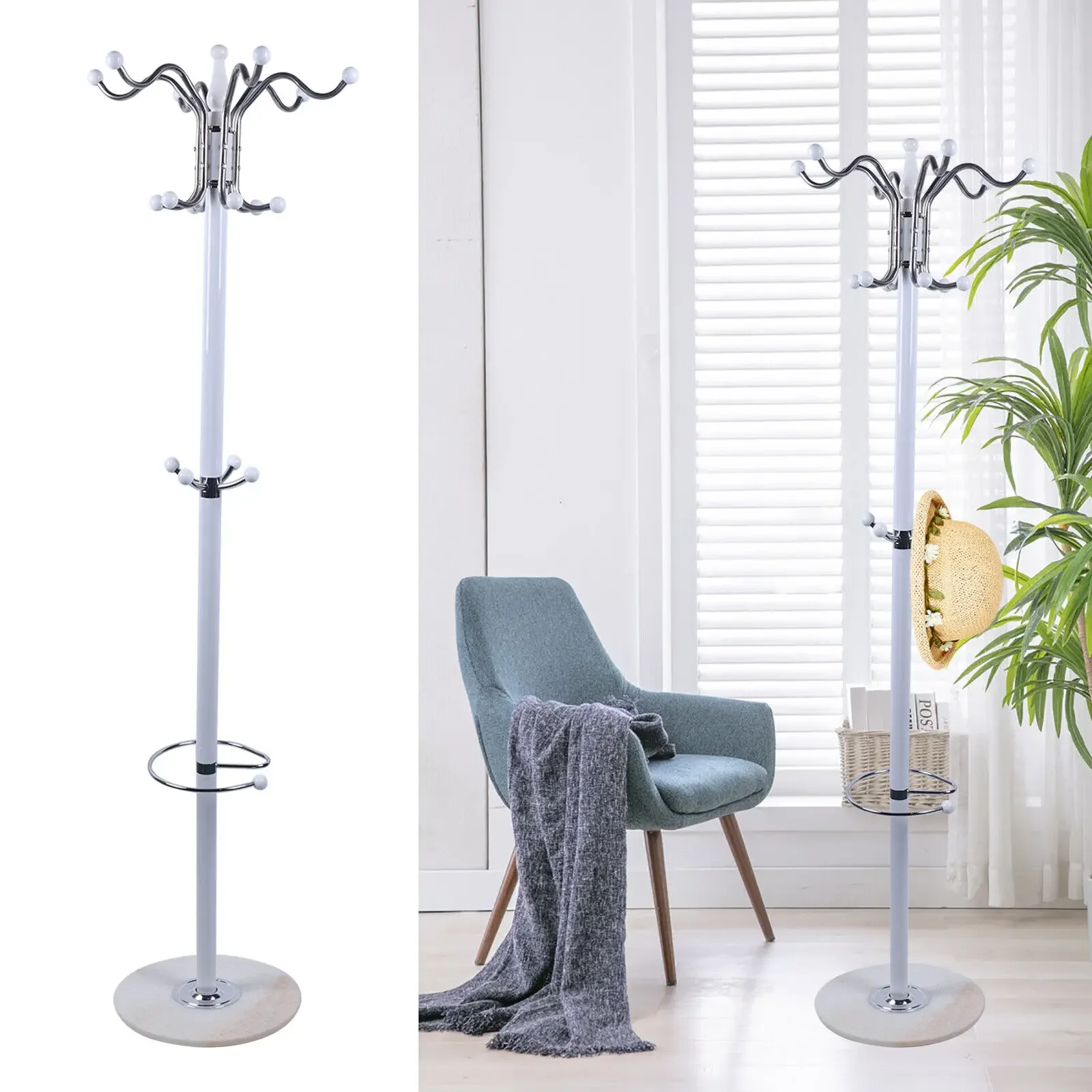 

Metal Coat Rack Tree Stand Clothes Hat Bag Hanger Umbrella Holder Home 16 Hooks Entryway Closet Living Room Storage Organizer