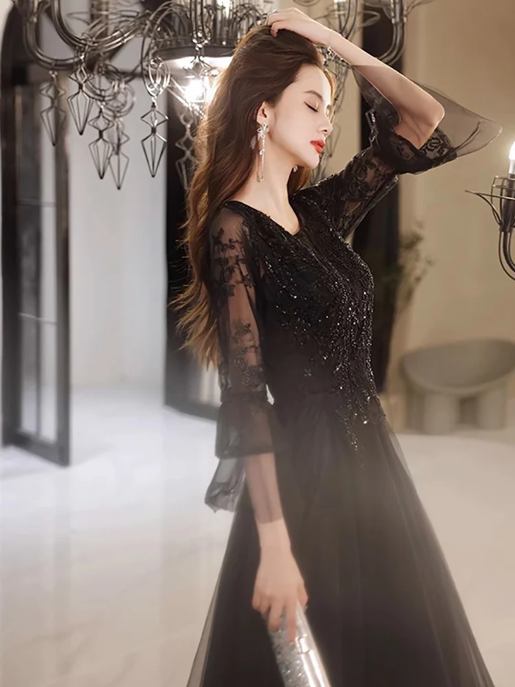 Damska Czarna Sukienka Wieczorowa Letnia Nowa Elegancka Koronkowa Sukienka z Półrękawami z Siateczki na Imprezę Lekka Luksusowa Sukienka na Bal z Dekoltem O-Neck w Kształcie Litery A