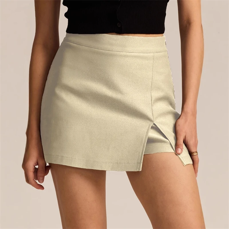ผู้หญิงสูงเอวแยกกระโปรงกางเกงยืดซิปรายละเอียดสํานักงานสวมใส่สบายๆเก๋อินเทรนด์ผู้หญิงแฟชั่นเอวยางยืดสั้น