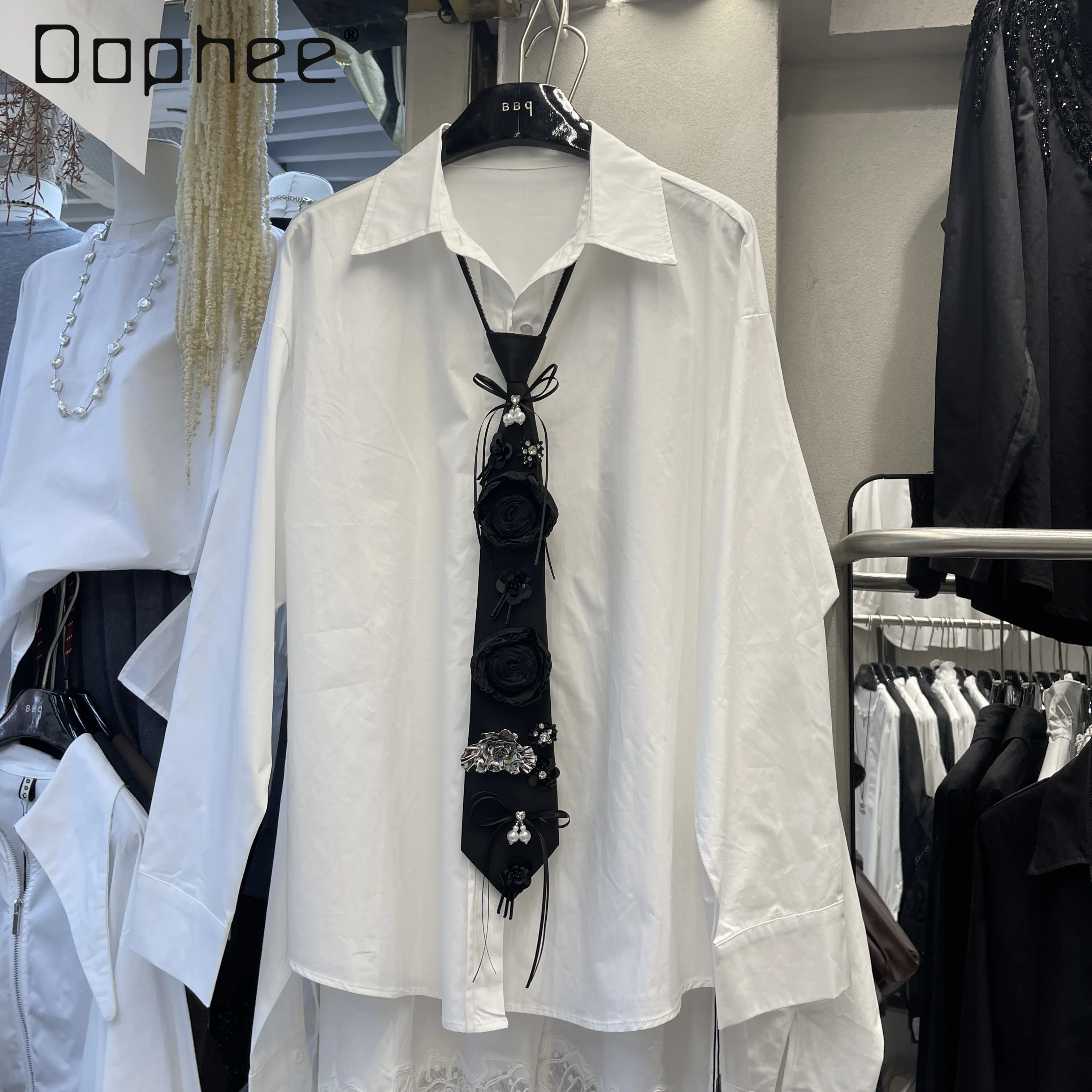 

women tops 2026 Spring Loose Collar Ribbon Design Long Sleeve white Shirt French Style Tie Top for Women